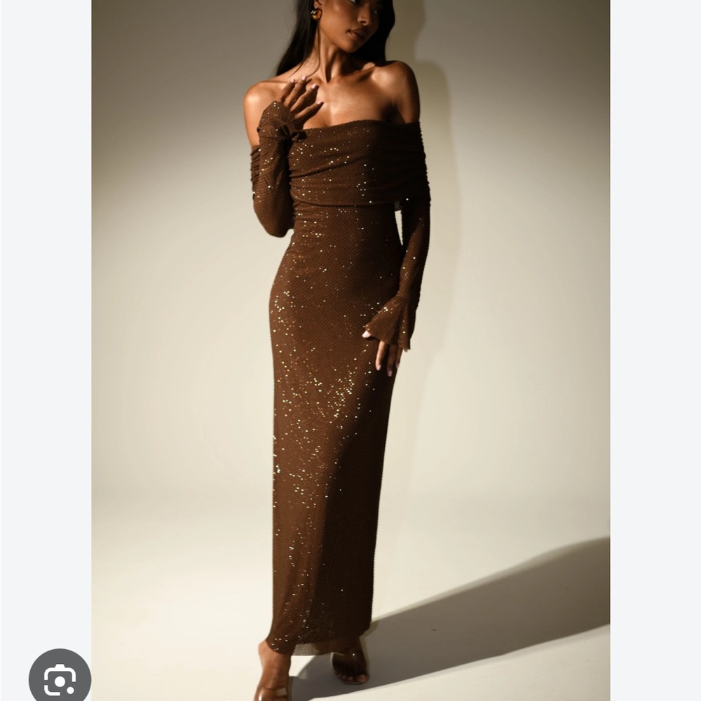 Meshki Marcel Off-Shoulder Diamante Maxi Dress in Chocolate Brown